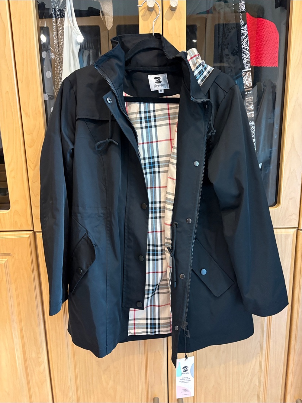 Saphirose Waterproof Black Raincoat with Plaid Lining NWT